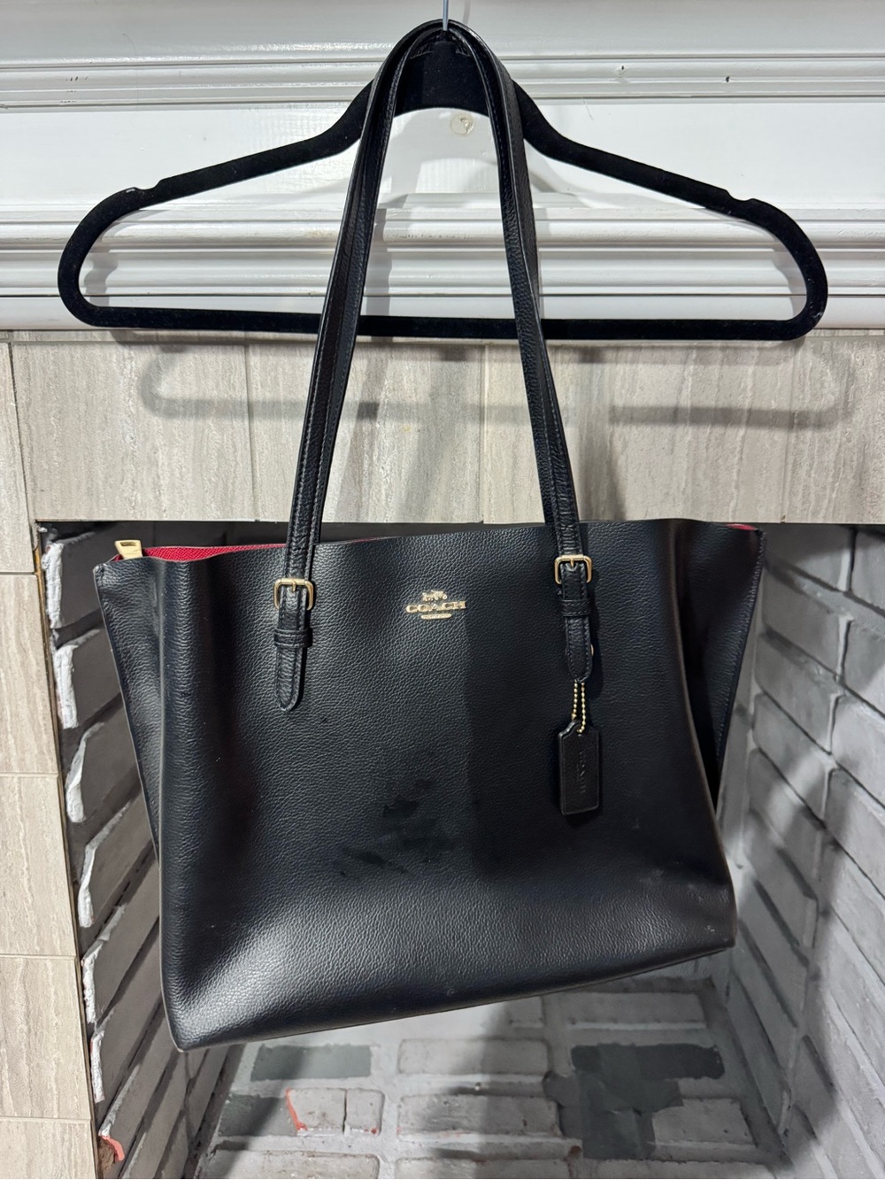 Coach Black Leather Tote with Red Accent Interior